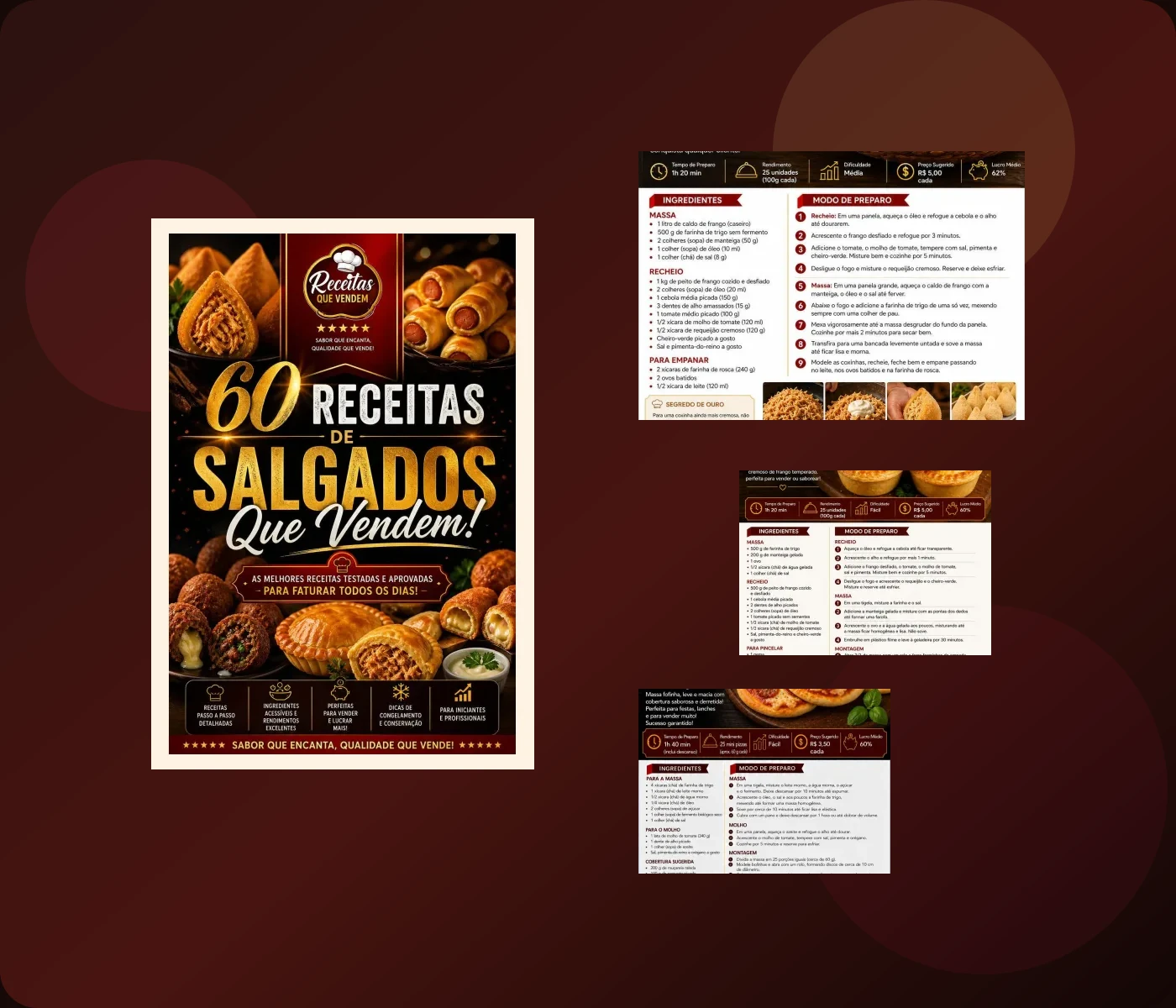 Colagem gastronômica com capa do e-book e receitas reais